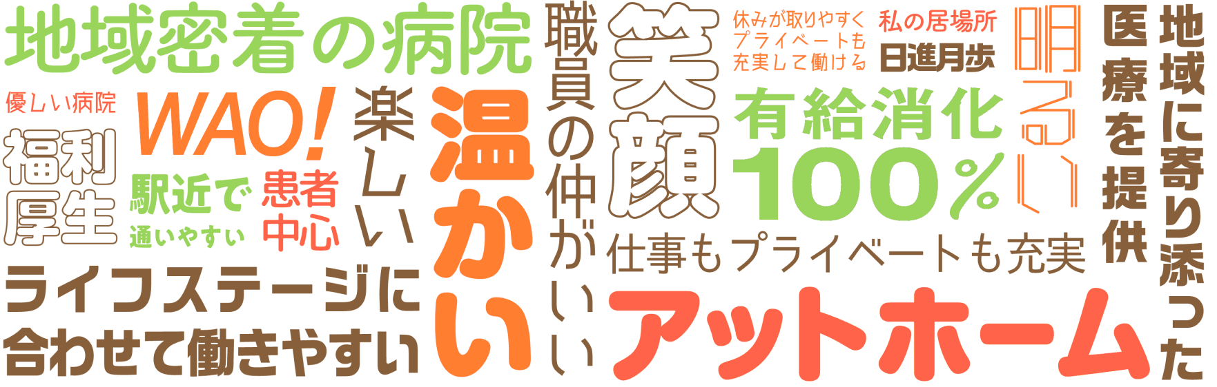 地域密着の病院、職員の仲がいい、地域に寄り添った医療を提供、仕事もプライベートも充実、アットホーム、温かい、楽しい、笑顔など